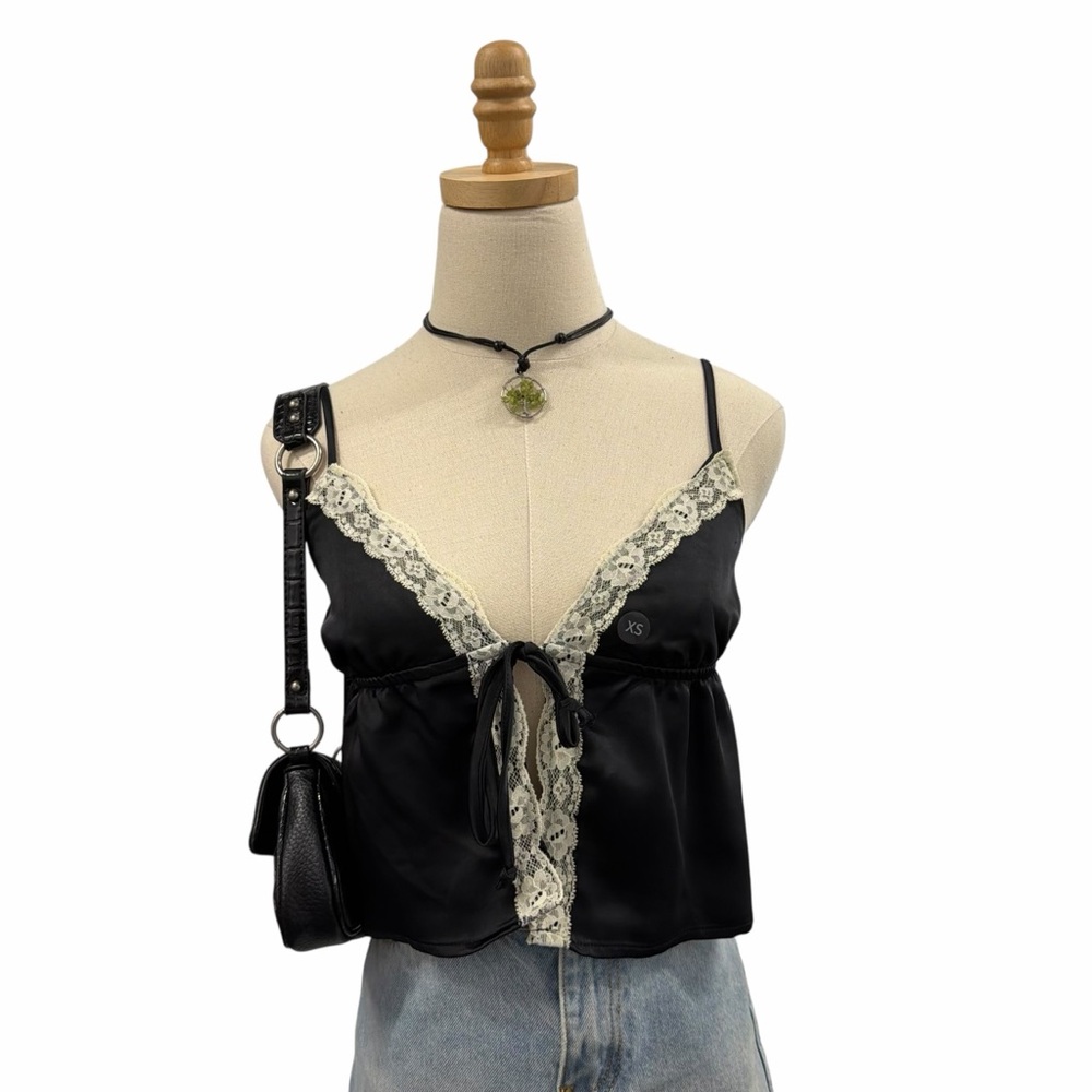 L.A. Hearts Black Lace Trim Babydoll Cami XS Coquette Tie Front